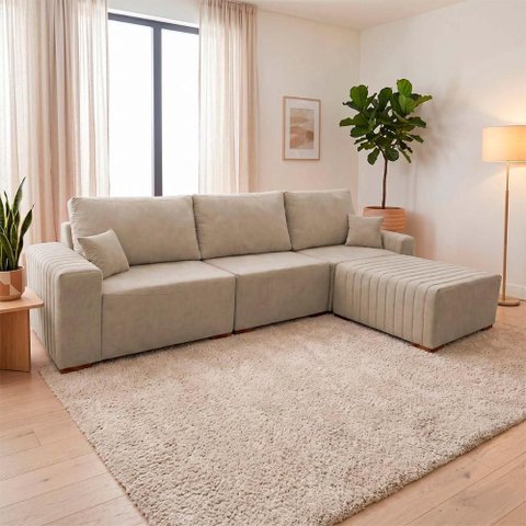 Sofá Modular Kavak 3,31m Bouclê Bege com Chaise - King House
