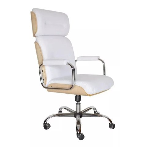 Cadeira Presidente Wood Branca Acabamento Madeira Base Cromada Mecanismo Relax