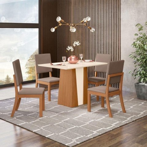 Conjunto Sala de Jantar Layla Royale 4 Lugares Tampo MDF Cadeiras Estofadas Off White Marrom Amê