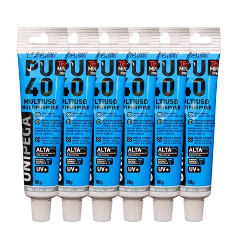 Kit 6 Adesivos Selantes Pu 40 Bisnaga Plástica Unipega Cinza 80g/50ml