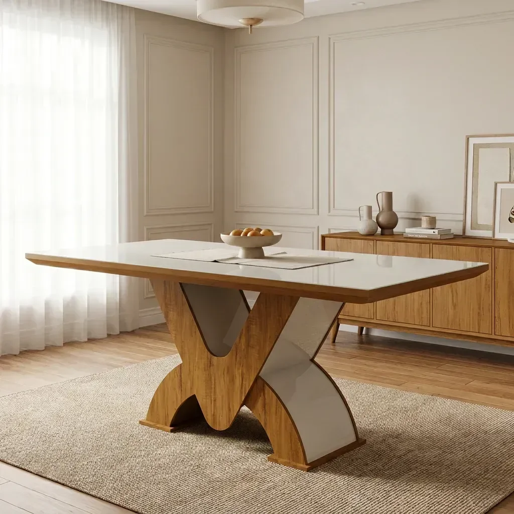 Ver imagem 1 de Mesa de Jantar 6 Lugares Retangular Tampo de Vidro Genova Pinho/Off White Yescasa