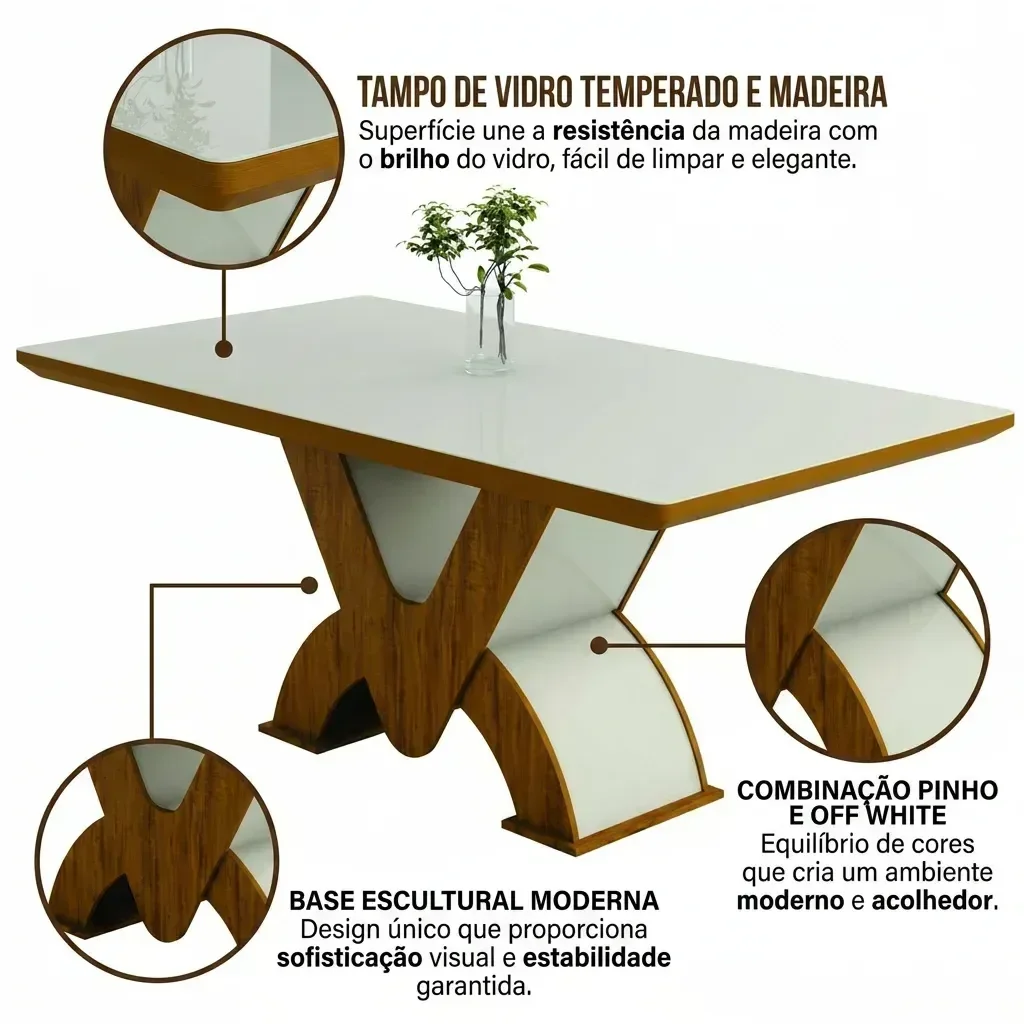 Ver imagem 3 de Mesa de Jantar 6 Lugares Retangular Tampo de Vidro Genova Pinho/Off White Yescasa
