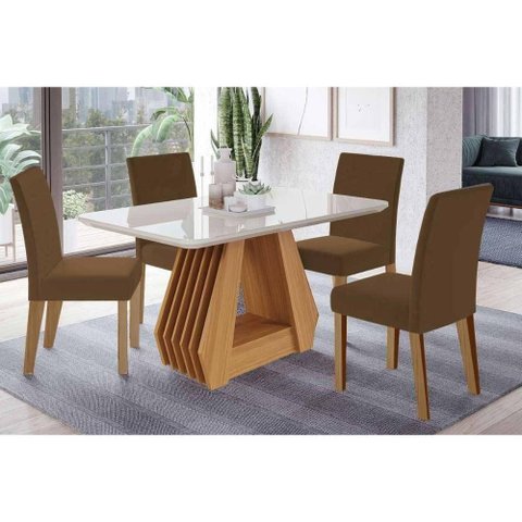 Conjunto: Mesa Sala Jantar Ágata Tampo Madeirado C/ Vidro 130x80cm e 4 Cadeiras Maia Cinamomo/off