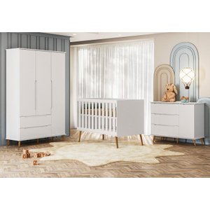 Jogo de Quarto Lunna Completo com Roupeiro, Cômoda, Berço e Colchão Branco Peternella