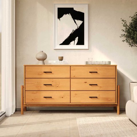Cômoda Horizontal 6 Gavetas 160 cm Pés Cilíndricos Escandinavo Madeira Freijó Mona
