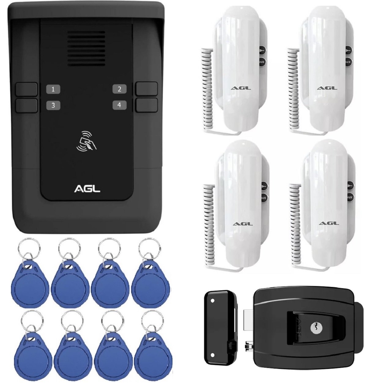 Kit Porteiro Coletivo S500 4 Pontos Com 4 Interfones S100 E 8 Tags E Fechadura Agl Coletivo S500 2474