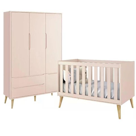 Jogo de Quarto Infantil Theo Guarda Roupa 3 Portas e Berço Rosa Fosco com Pés Madeira Natural -