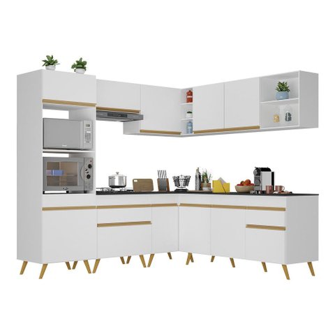 Armário de Cozinha Completa de Canto Veneza Multimóveis V2045 Branco/Dourado