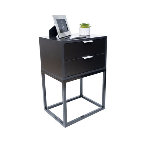 Mesa de Cabeceira Industrial Preto 50cm com 2 Gavetas Base Preta- Enviamos Montado