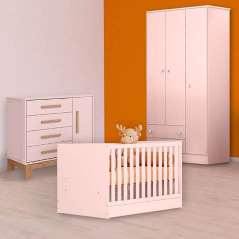 Conjunto Berço Mini Cama, Cômoda Sapateira Slim e Guarda Roupa Rosa