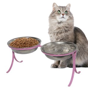 Comedouro Alto Duplo em Inox Pet para Gatos Ração Agua - Rosa