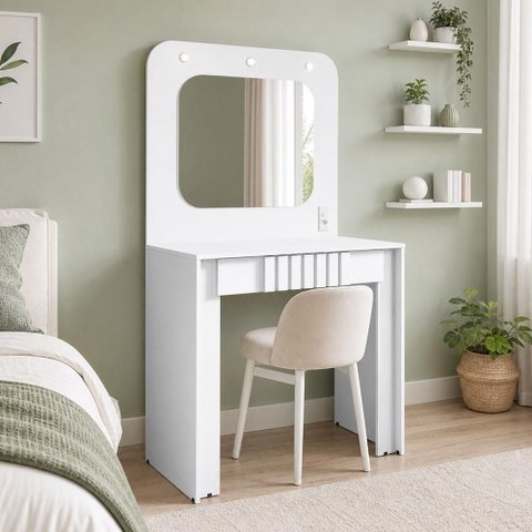 Penteadeira Camarim com LED e Espelho 1 Gaveta Ripada 90cm Blush B02 Branco - Lyam Decor