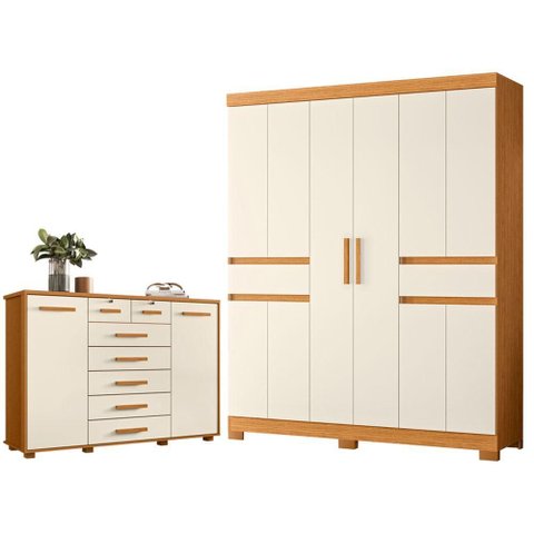 Guarda Roupa Casal Olimpia 10 Portas e Cômoda Fontana Cinamomo Off White - Móveis Albatroz