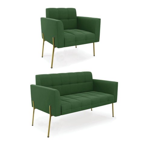 Sofá Namoradeira e Poltrona Pé de Ferro Dourado Elisa Suede D03 - D'Rossi Cor Verde