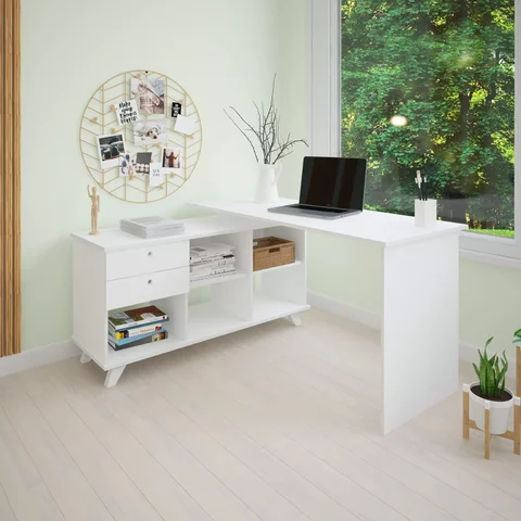 Escrivaninha Retrô em L Mesa Escritório e Home Office com e Gold 2 Gavetas 5 Nichos 145cm 