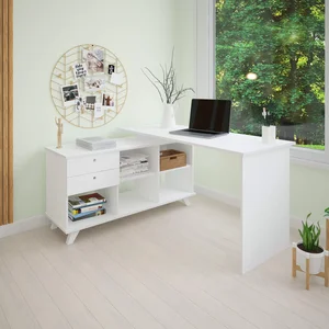 Escrivaninha Retrô em L para Escritório e Home Office com 2 Gavetas e 5 Nichos Gold