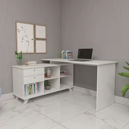Escrivaninha Retrô em L para Escritório e Home Office com 2 Gavetas e 5 Nichos Gold - 6