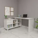 Ver imagem 5 de Escrivaninha Retrô em L Mesa Escritório e Home Office com e Gold 2 Gavetas 5 Nichos 145cm Branco Art