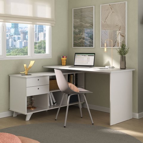 Escrivaninha Retrô em L Mesa Escritório e Home Office com e Gold 2 Gavetas 5 Nichos 145cm Branco Art