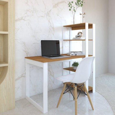 Mesa Escrivaninha C/ Estante 4 Prateleiras Licce Branco/freijó