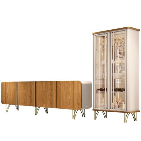 Kit Aparador Buffet Bar Living Santiago com Cristaleira Adega Síria B01 Cinamomo Off White