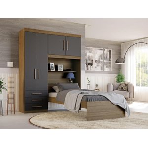 Guarda- Roupa Solteiro com Cama Solteiro 4 Portas 3 - Batrol:ipê/grafite