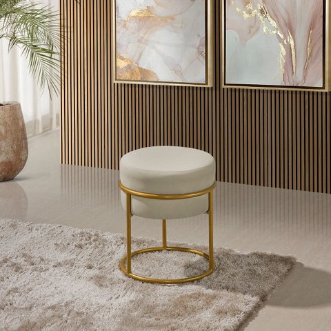 Puff Redondo Argola Levi Veludo Bege Base em Aço Dourado