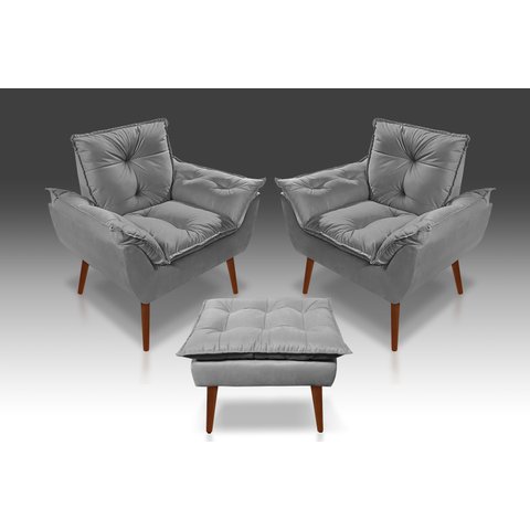 Kit 2 Poltronas Opala + 1 Puff Opala Suede Cinza Claro - Tucanos Estofados