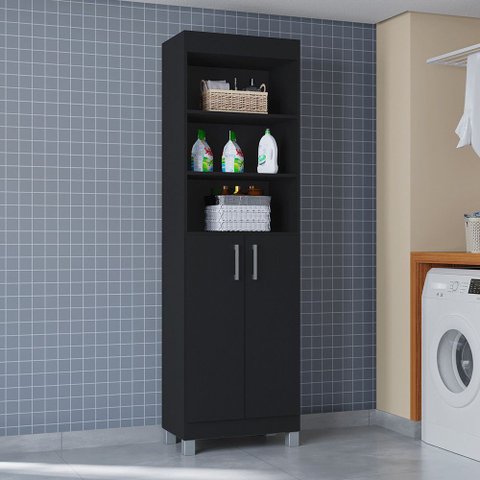 Armário Multiuso Versati Preto com 2 Portas para Lavanderia com Design Moderno Poquema