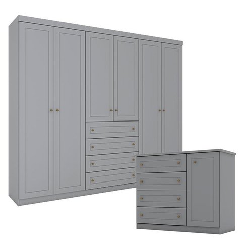 Cômoda e Guarda Roupa Casal 6 Portas Americano Cinza – Henn