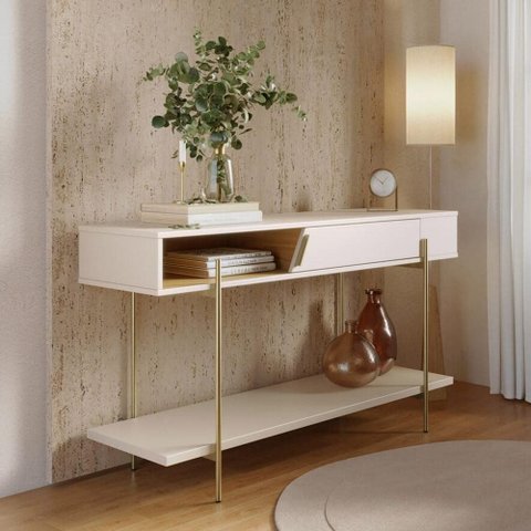 Aparador para Sala de Estar 1 Porta 135cm Pés Industrial Dourado Mosele C04 Off White Matte Freij