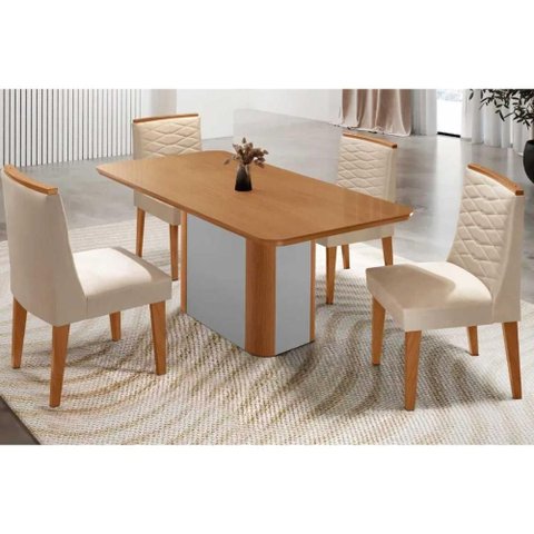 Conjunto: Mesa de Cozinha Pietá C/ Tampo Madeirado Canto Curvo 120x80cm e 4 Cadeiras Maldivas