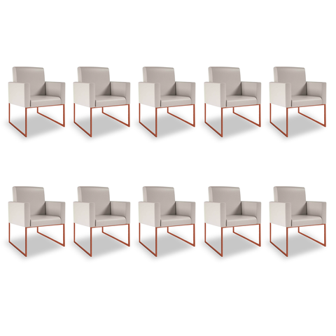 Kit 10 Poltronas Recepção Courino 3 Cores - Base Ferro Cobre - Bege