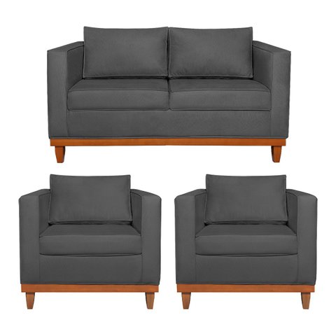 Kit Sofá 3 Lugares e 2 Poltronas Europa 180 cm Estilo Conforto e Elegância Linho Cinza Escuro - ADJ 