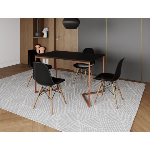 Mesa de Jantar Industrial Base Ferro Cobre em  V  Tampo 137x90 Preto 4 Cadeiras Eames Madeira Assent