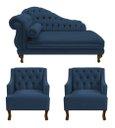 Ver imagem 1 de Recamier Larissa 160 cm e 2 Poltronas Genesis Suede Azul Marinho - LM DECOR