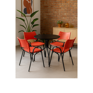 Jogo Mesa Redonda para Restaurante Comércio com 4 Cadeiras Iso Vermelha Base Preta Ecomhome