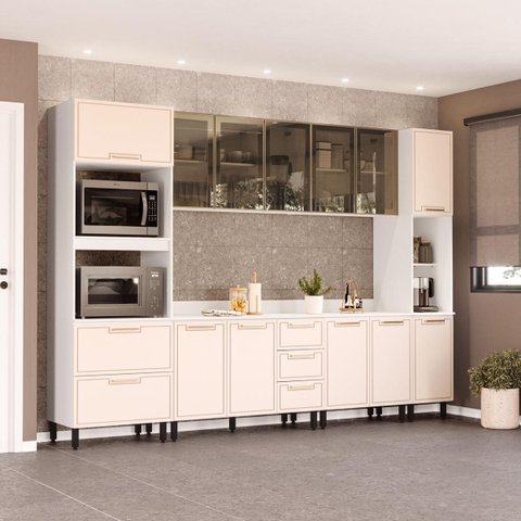 Cozinha Amara Aéreos Porta Vidro Torre Quente Paneleiro Balcões com Tampo Branco/Creme 250775