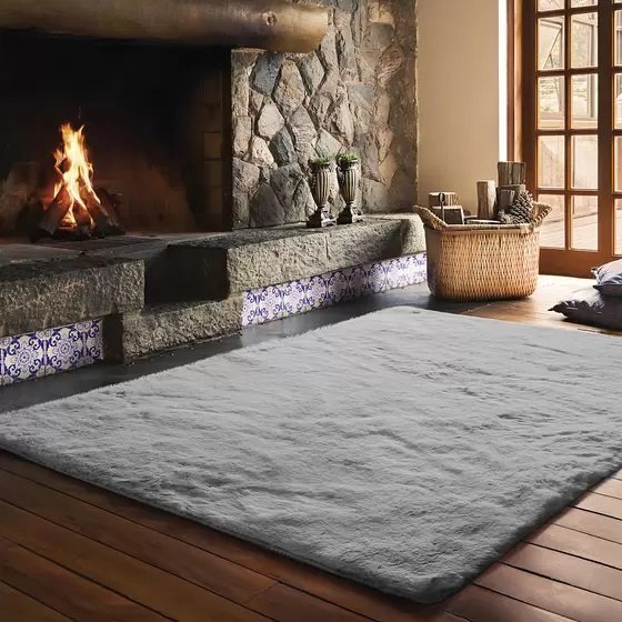 Tapete Pele de Coelho Antiderrapante Melody 200x300 - Jolitex - Cinza