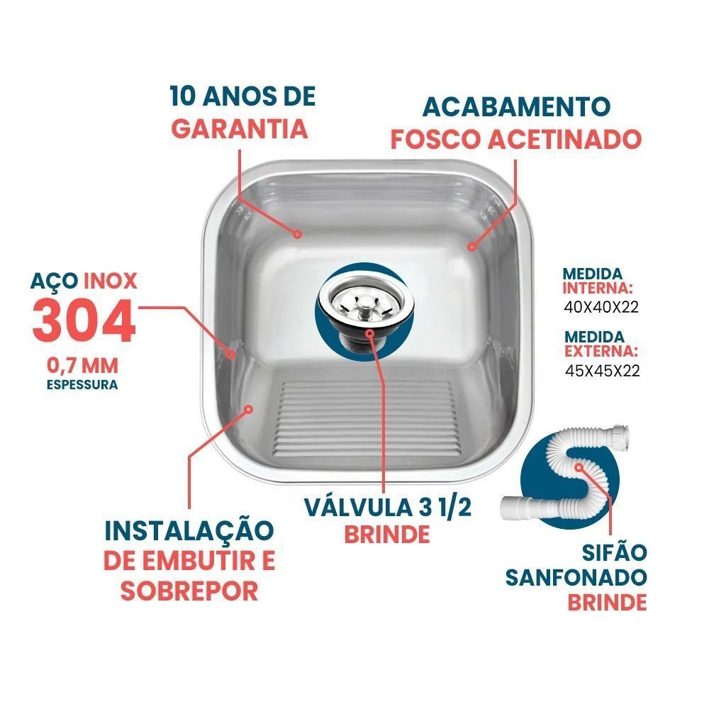 Tanque Lavanderia 40x40 Fosco + Válvula Aço Inox 304 - 2