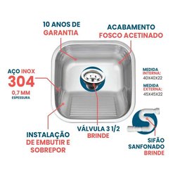 Tanque Lavanderia 40x40 Fosco + Válvula Aço Inox 304 - 2