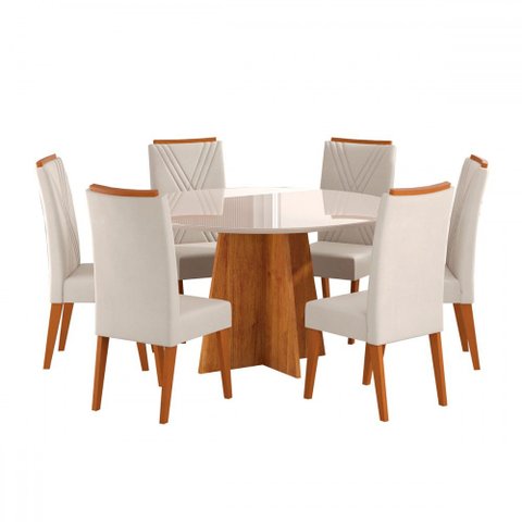 Mesa de Jantar 6 Lugares Calm com Vidro Mel/marfim/off White - Viero Móveis