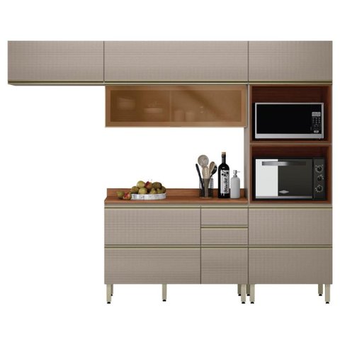 Cozinha Modulada Proença 4 Peças Balcão 120cm Nogueira Touch/nude Prime Tx com Tampo em Mdf -