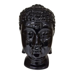 Escultura de Cabeça de Buda na Cor Preta, em Cerâmica Brilhante