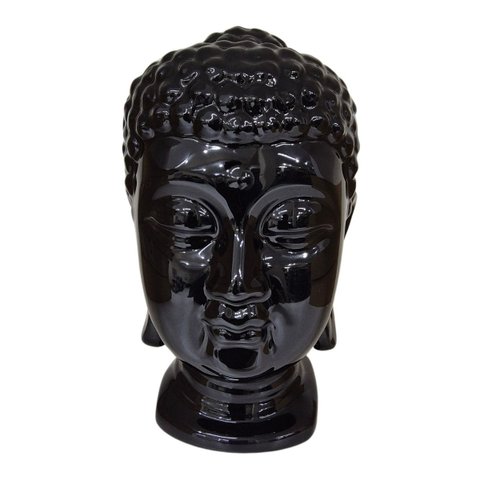 Escultura de Cabeça de Buda na Cor Preta, em Cerâmica Brilhante