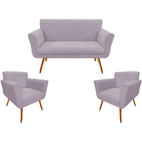 Kit Namoradeira + 2 Poltronas Decorativa Sabrina Suede Rosê Pés Madeira Mz Decor