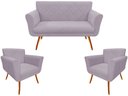 Ver imagem 1 de Kit Namoradeira + 2 Poltronas Decorativa Sabrina Suede Rosê Pés Madeira Mz Decor