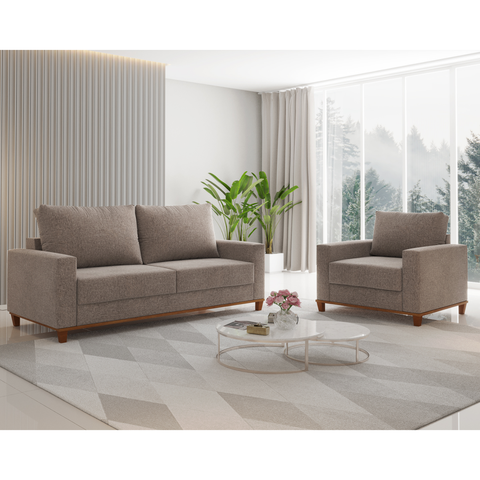 Conjunto Estofado Living 3 Lugares + 1 Poltrona Napoles Linho Kaki - Casa Giulia