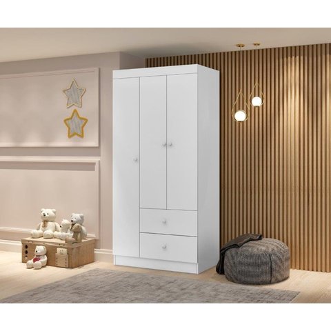 Roupeiro / Armário AL Modelo Infantil 3 Portas + 2 Gavetas Com Corrediças Metálicas Detalhe nas Port