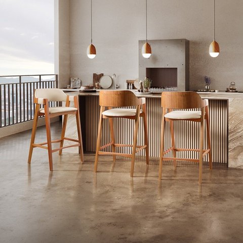 Kit 4 Banquetas para Cozinha Gaia em Madeira e Linho Nude